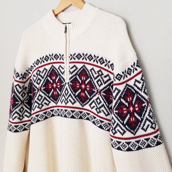 IZOD Men's XXL Sportswear Pullover Fair Isle Chunky Knit Heavy Quarter Zip Cream - Picture 4 of 15